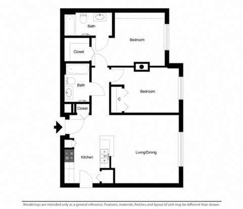 Floor plan for 2 beds, 2 baths, 888 sqft